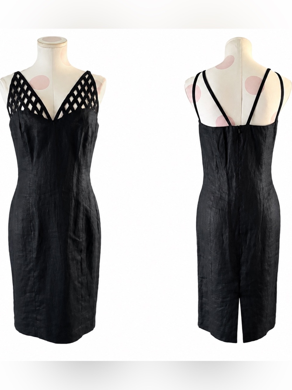 Paul Alexander Dresses Black Linen Blend Cutout Strap Sheath Dress - small